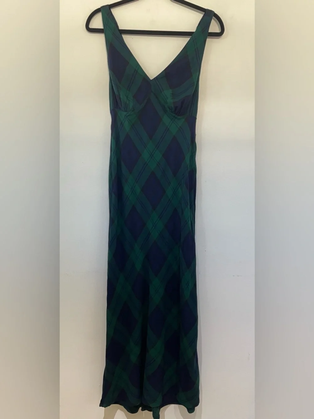 AVEC LES FILLES Green Blue Plaid Maxi Dress Slip Bias Cut Grunge Dark Academia M - Picture 2 of 9